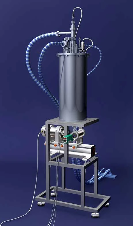 MBC-1L Mossbauer Bath Cryostat. MBC-1L cryostat shown mounted with a bench and stand; confirm the components included in your quotation.