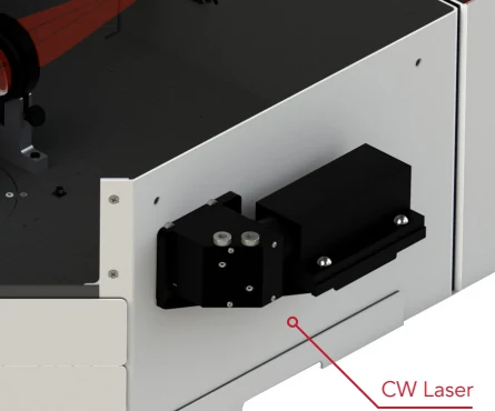 Continuous Wave Laser Options. Manufacturer illustration of a CW laser fitted to the FLS1000; the wavelength and configuration are selected separately.