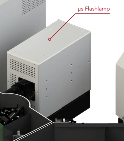 µF2: 60 W Microsecond Flashlamp. Manufacturer illustration of the microsecond flashlamp in an FLS1000 configuration; surrounding hardware is shown for context.