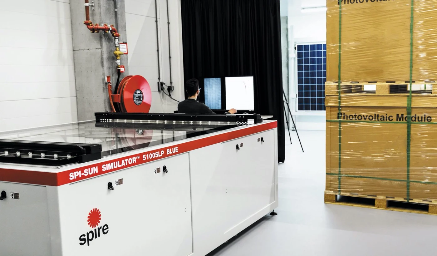 PV module testing in the port of Valencia. Spire Solar manufacturer-published PV testing service photograph; the testing arrangement depends on the agreed service.