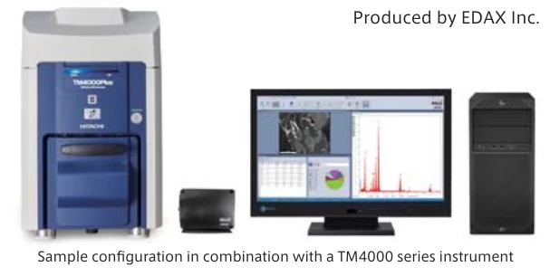 TM Series Energy Dispersive X-ray Spectrometer: Element series. Manufacturer brochure photograph of an EDAX Element EDS sample configuration with a Hitachi TM4000 microscope. Microscope and accessories shown are configuration examples.