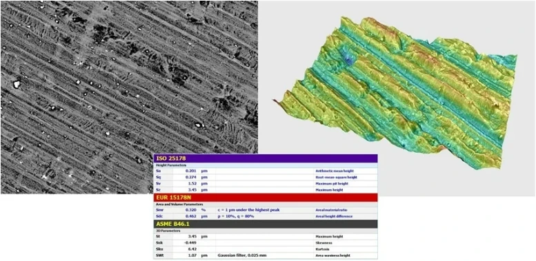 3D Visualization Software Hitachi map 3D. Manufacturer-published TM4000 surface-analysis example illustrating 3D measurement; specimen and displayed results are examples.