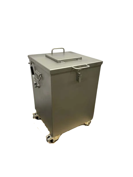 Mobile Shielded Waste Bin - 25 mm. Manufacturer photograph for the S0009 / S0009-2 mobile waste-bin family. The selected S0009-2 shielding specification is 25 mm.